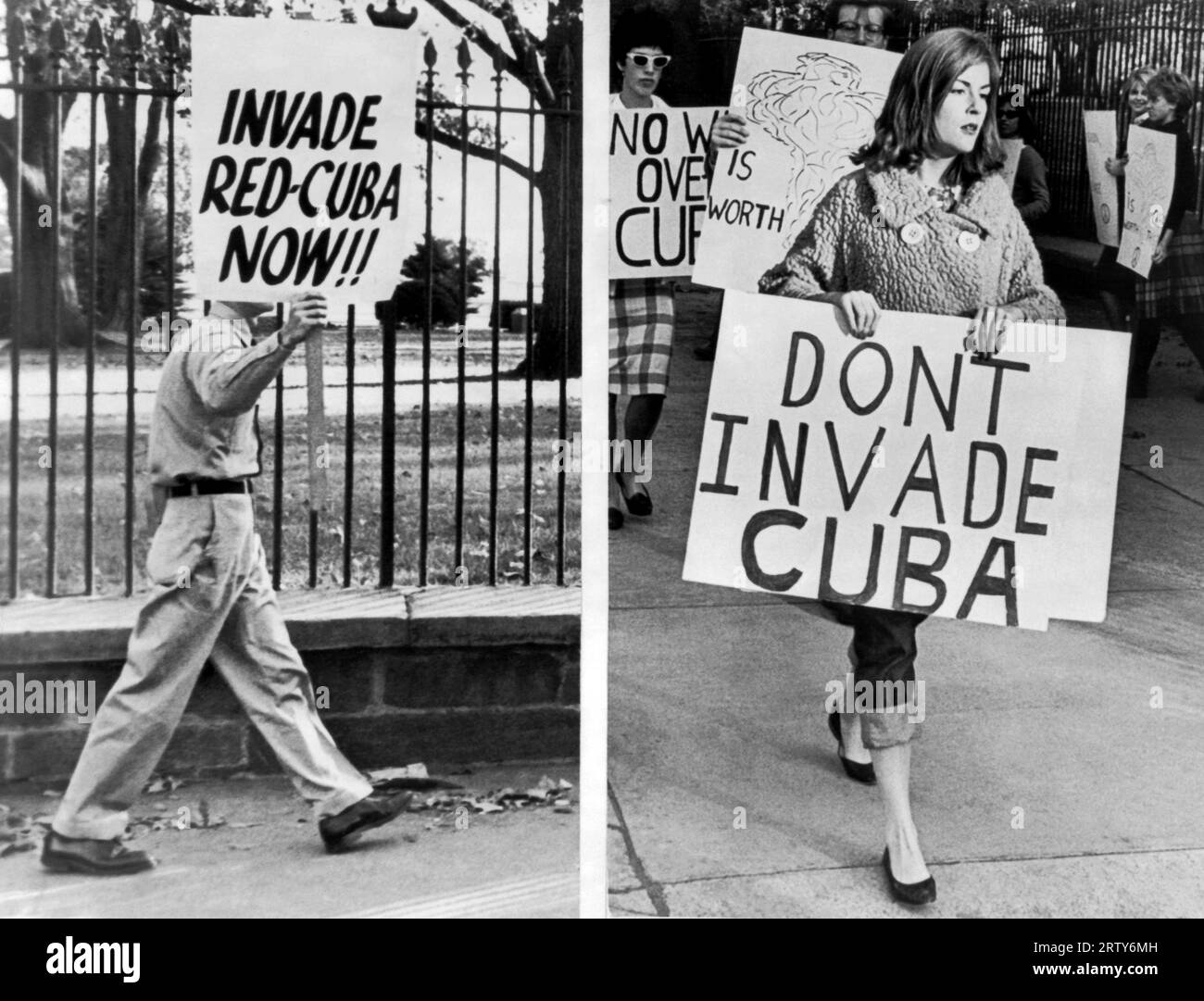 Washington, D.C. 24. Oktober 1962 abweichende Meinungen zwischen Demonstranten außerhalb des Weißen Hauses während der Kubakrise mit Plakaten: (Links) ein Mitglied einer Nazi-Gruppe, die die Invasion unterstützt, und (rechts) eine Frau vom Women Strike for Peace Against Invasion. Stockfoto