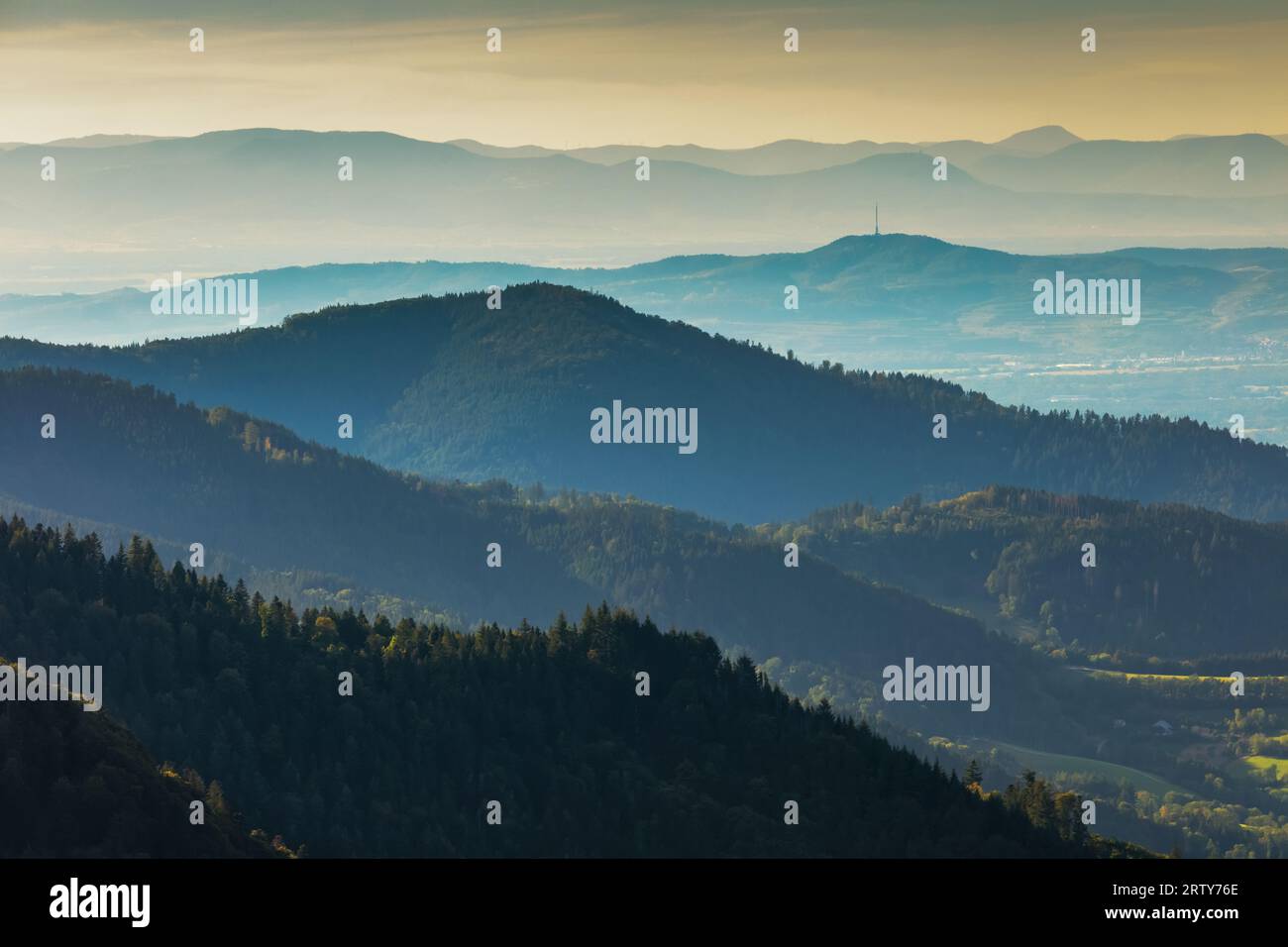 Blick vom Rinken über die Berge zum Kaiserstuhl und den Vogesen, Schwarzwald, Baden-Württemberg, Deutschland Stockfoto