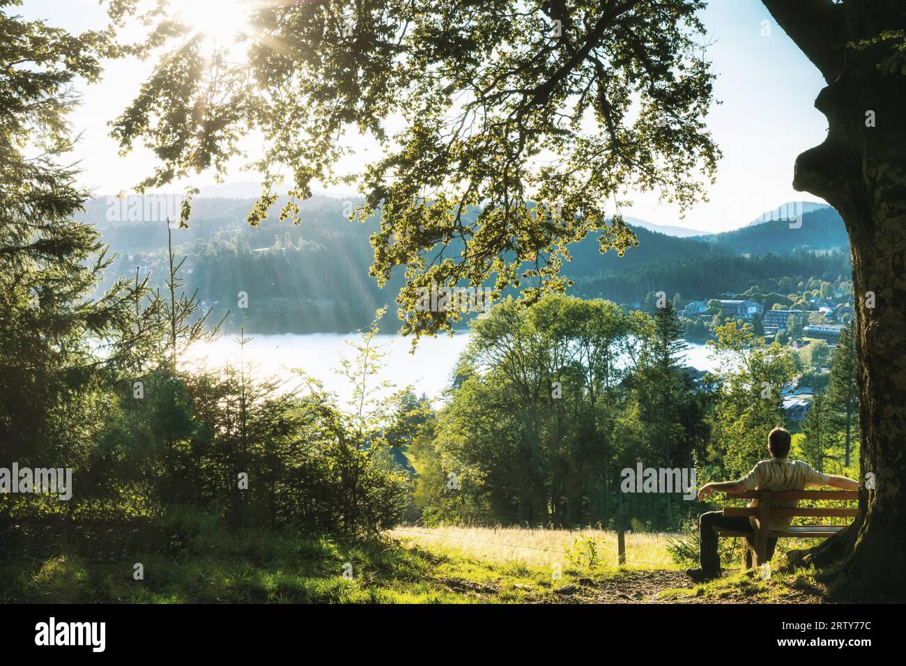 Mann auf einer Bank genießt die Abendsonne am Titisee im Schwarzwald, Baden-Württemberg Stockfoto