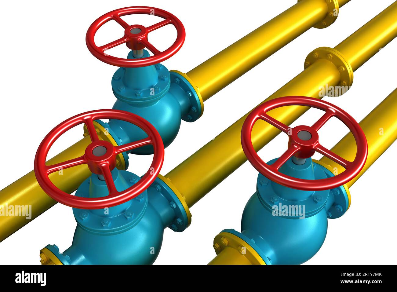 3D-Rendering von Gashähnen mit Pipelines isoliert über weißem Hintergrund Stockfoto
