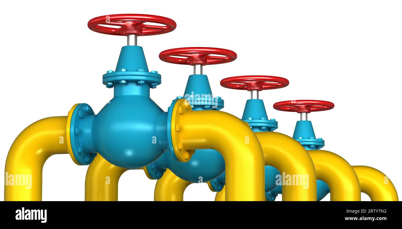 3D-Rendering von Gashähnen mit Pipelines isoliert über weißem Hintergrund Stockfoto