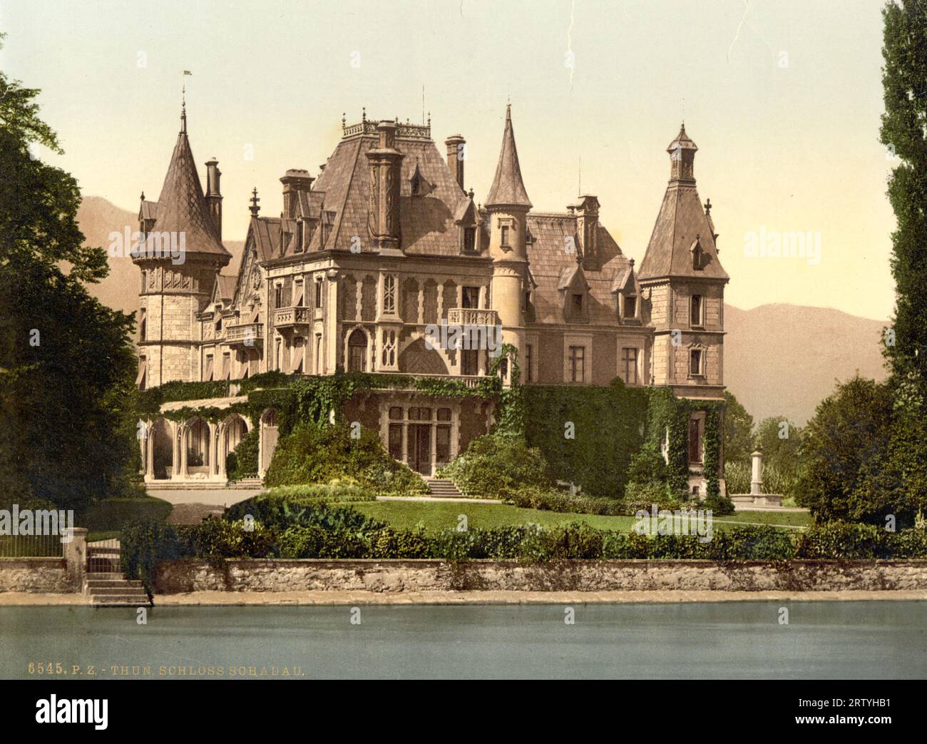 Schloss Schadau und Fluss Aare, Thun, Bern, Schweiz 1890. Stockfoto