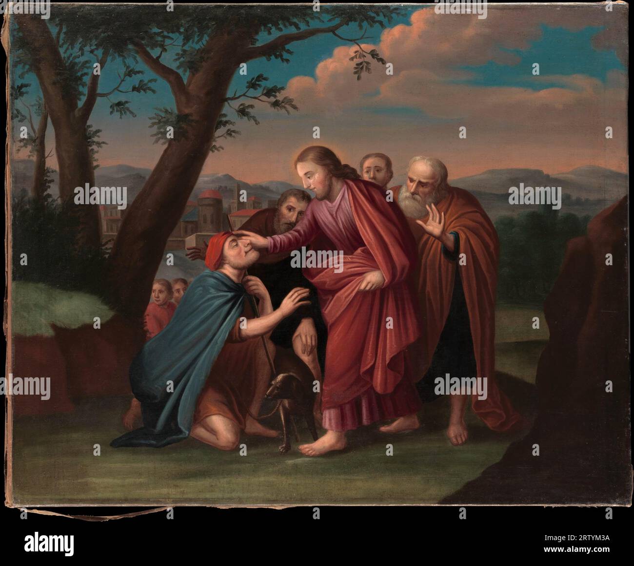 Jesus Christ Healing the Blindman, Ölgemälde des Niederländisch-amerikanischen Künstlers Gerardus Duyckinck, CA. 1725-30 Stockfoto