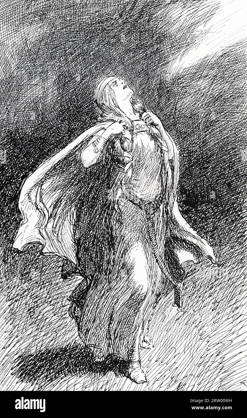 Der Anfang der 1900er Jahre veröffentlichte Titel lautet: „Und nun, na ja, Mad war Signy für Wehe.“ In der nordischen Mythologie war Signy die einzige Tochter des Helden Volsung und Ljod. Sie war auch die Ehefrau des rücksichtslosen Königs Siggeir. Sie hatte zehn Brüder, darunter Sigmund, den jüngsten. Ihre Geschichte wird im skandinavischen Epos „Volsunga Saga“ erzählt. Stockfoto