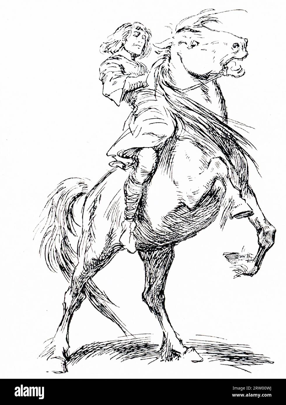 Der Anfang der 1900er Jahre veröffentlichte Titel lautet: „Sigurd tauchte auf hus zurück und nannte ihn Greyfell.“ In der nordischen Mythologie ist Grani das mächtige und furchtlose Pferd des Helden Sigurd, das von dem Hauptgott Odins Ross Sleipnir, dem schnellsten Pferd der Welt, abstammt. Im skandinavischen Epos „Volsunga Saga“ wird Grani als Greyfell bezeichnet. Stockfoto