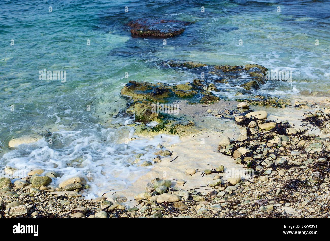 Felsiger Strand mit schaumigem Salzwasser am Mittelmeer auf der Insel Malta im Herbst. Stockfoto