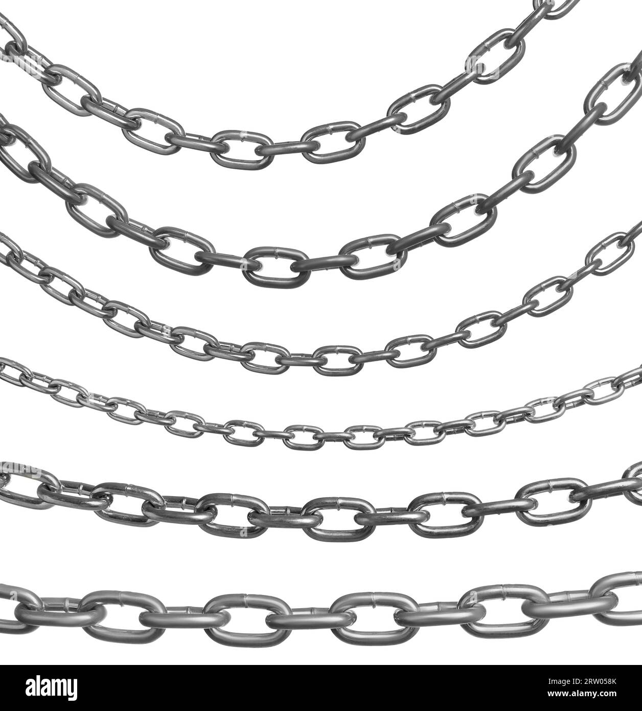 Set mit unterschiedlich großen Metallketten isoliert auf weiß Stockfoto