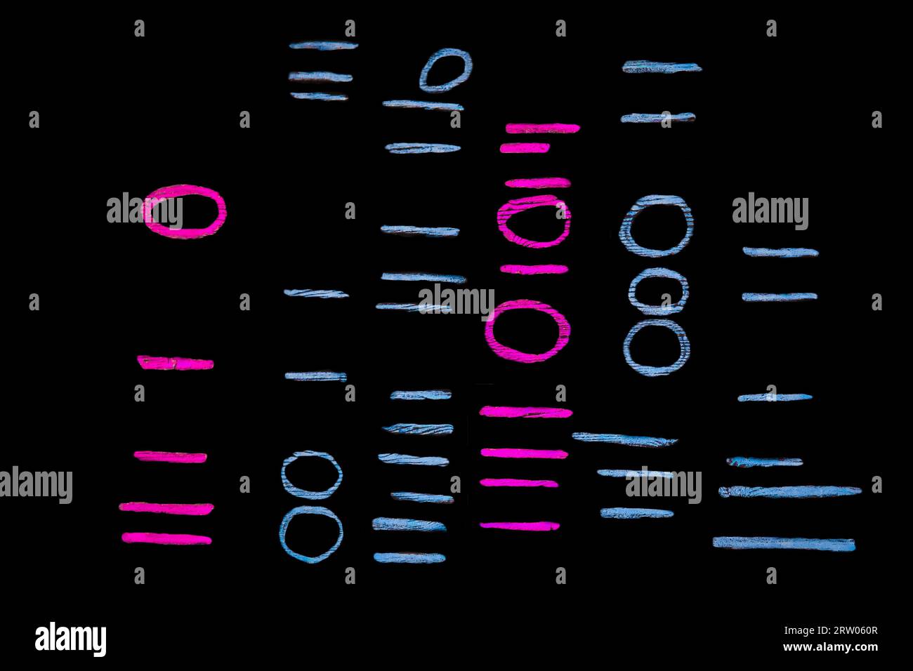Schilder und Symbole Runde und farbige Stäbe, Zähllinien, oval, Kreis für Design auf schwarzem Hintergrund. Stockfoto
