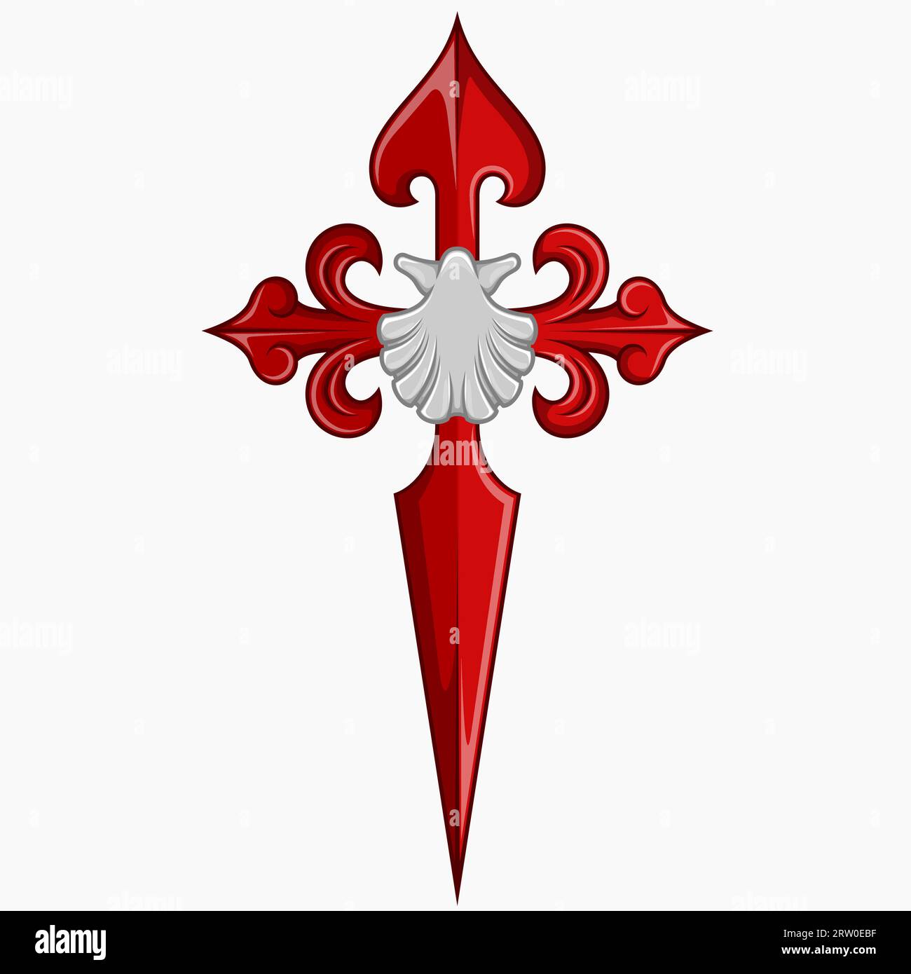 Vektordesign der christlichen Symbolik des Apostels santiago, Kreuz des Apostels Santiago mit venera Stock Vektor