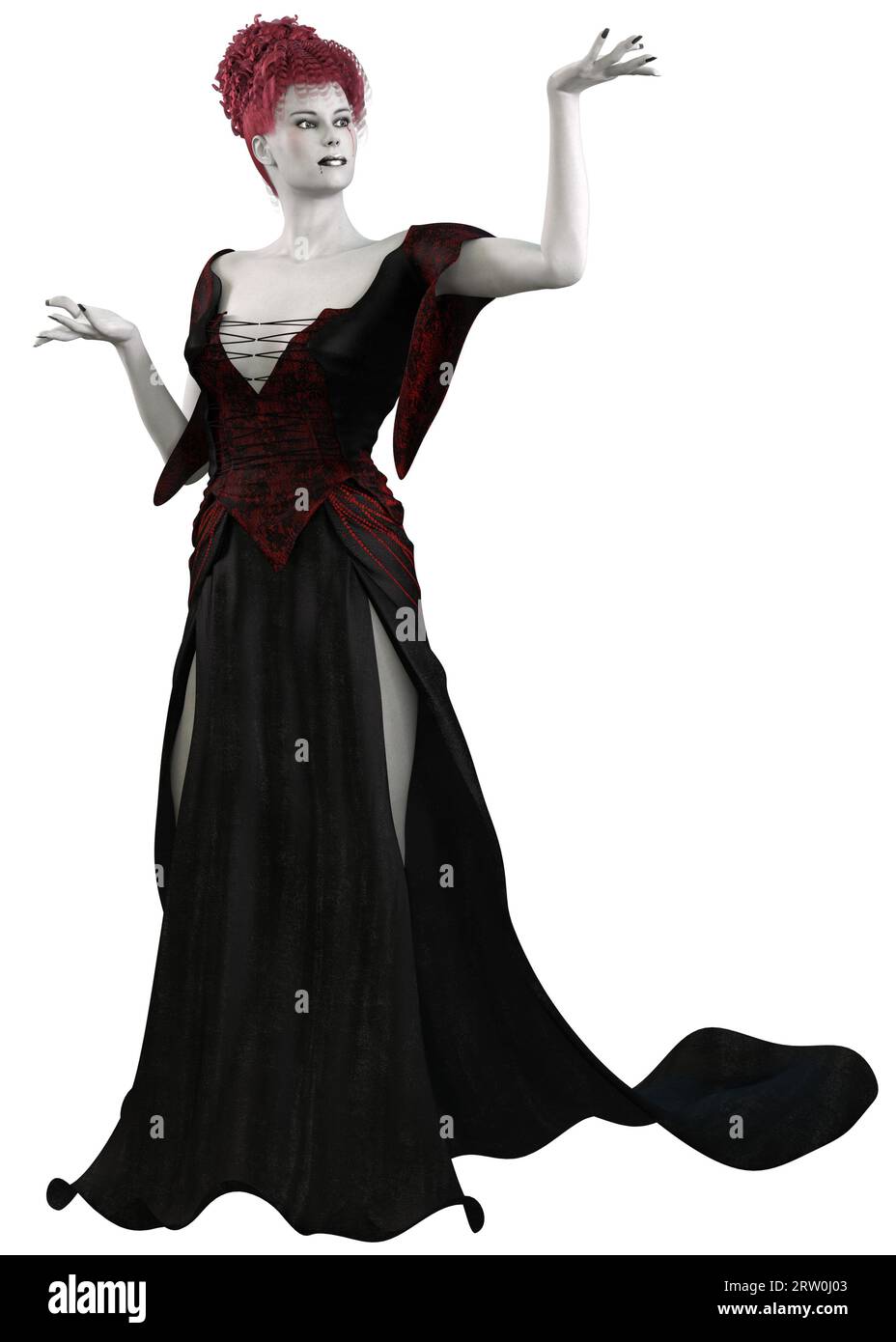 Fantasy-Magie, Hexenfrau mit blasser Haut trägt schwarz-rotes Outfit, 3D-Illustration. Stockfoto