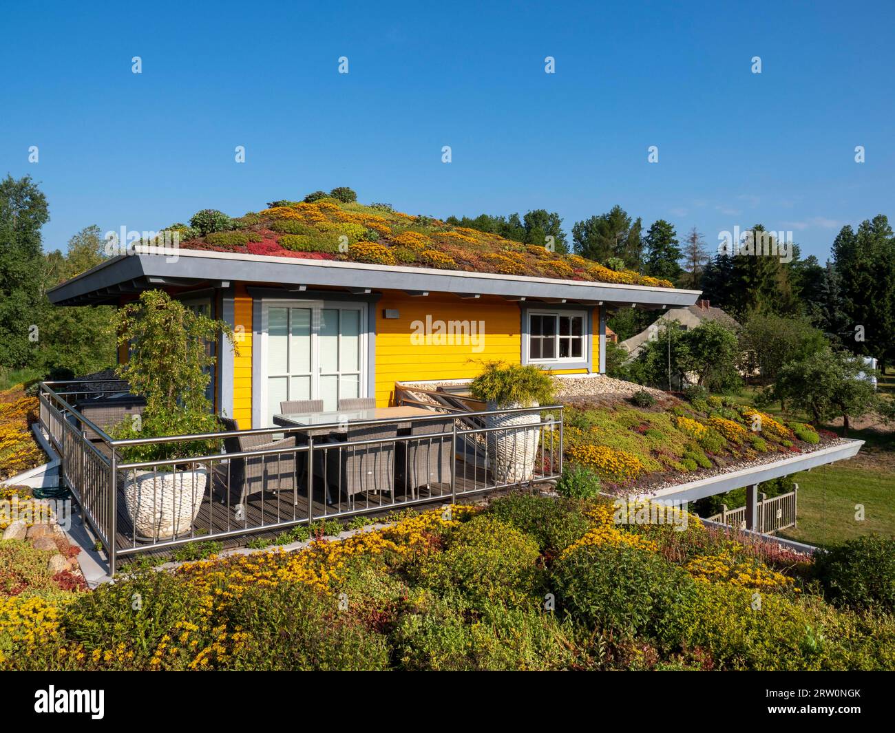 Holzhaus mit buntem blühendem grünen Dach, Dach des eigenen Hauses mit Pflanzen und Kräutern, neues Niedrigenergiehaus Stockfoto
