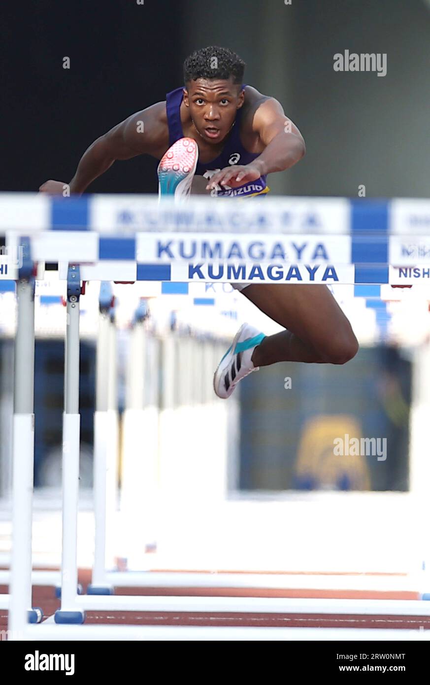 Rachid Muratake of Juntendo University competes during men's 110m hurdles of All Japan Inter University Track and Field Championships in Kumagaya City, Saitama Prefecture on September 16, 2023. Rachid Muratake won the event with the Japanese tie record.( The Yomiuri Shimbun via AP Images ) Stockfoto