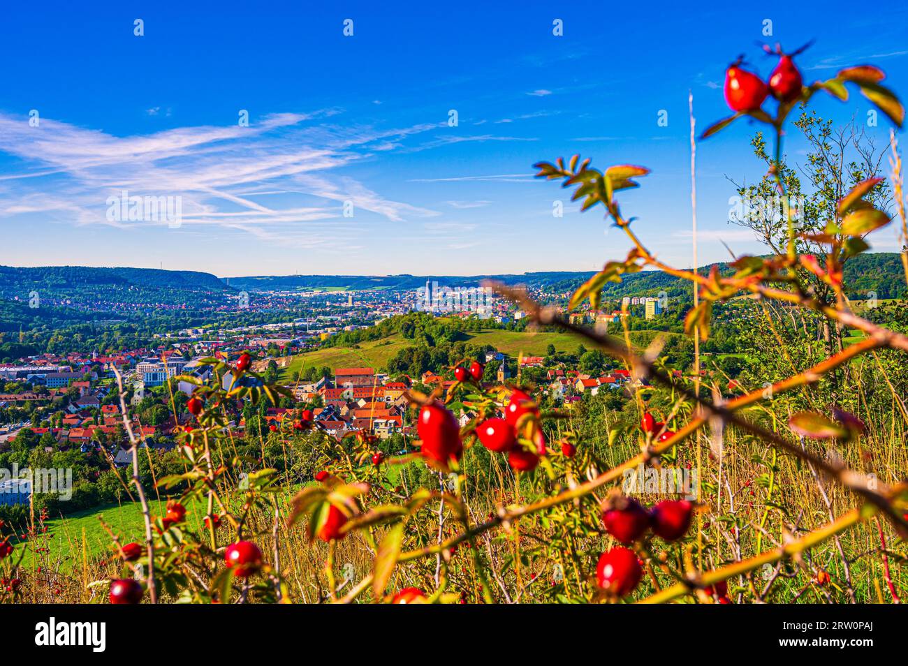 Blick über die Stadt Jena vom Galgenberg mit den Kernbergen im Hintergrund unter blauem Himmel und Schleierwolken, Jena, Thüringen, Deutschland, Europa Stockfoto