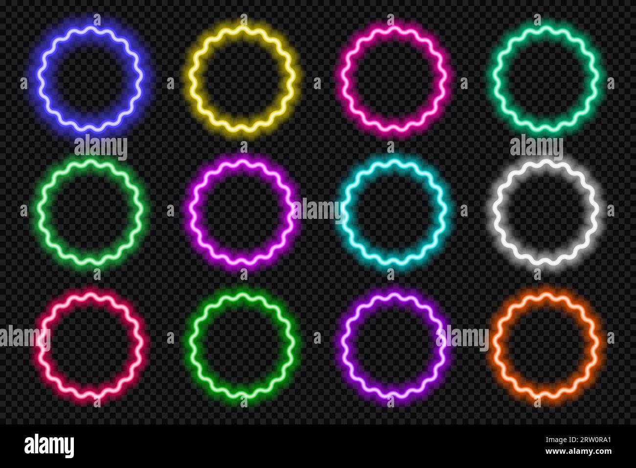 Set mit Rahmen für runde Neon-Jakobsmuscheln. Leuchtender, farbenprächtiger Blumenknopf. Elemente der Benutzeroberfläche für die Aktion „Geometrische Form“ mit Kopierbereich. Violett, blau, rosa, gelb Stock Vektor