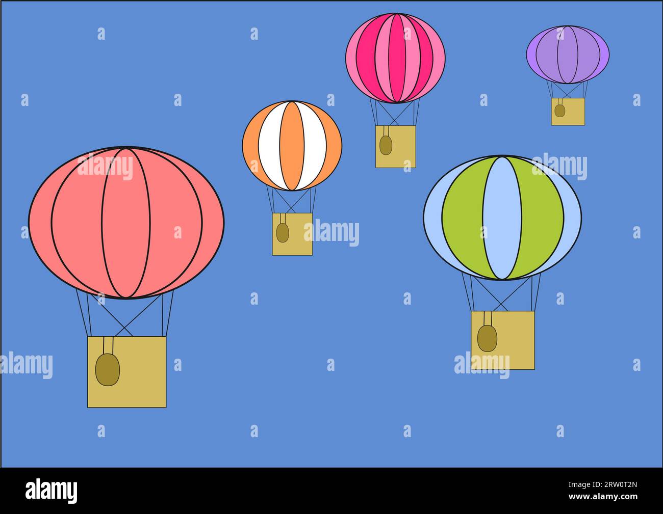 Fünf Heißluftballons vor einem blauen Himmel, dargestellt Stockfoto