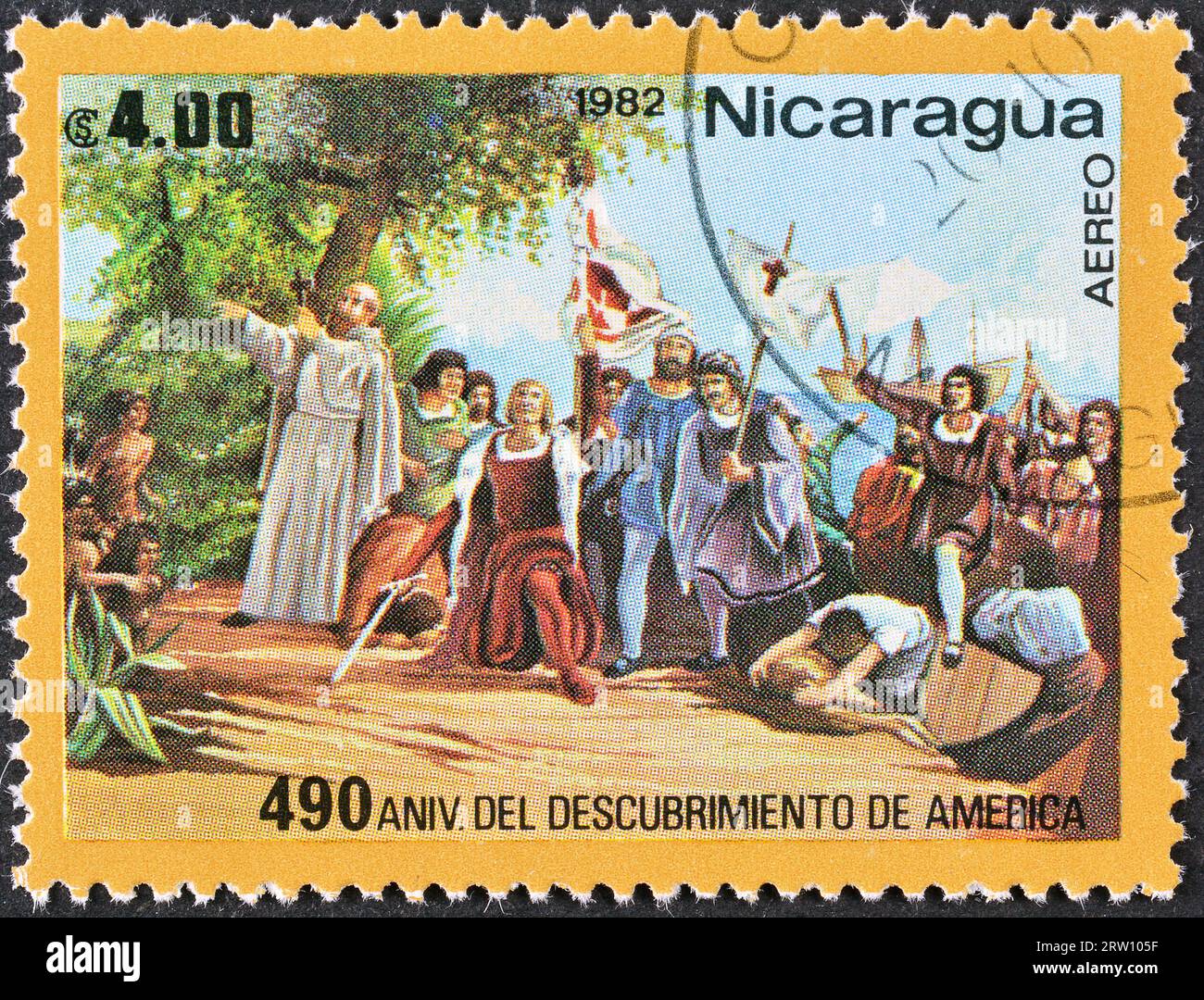 Von Nicaragua gedruckte Briefmarke, die Landing of Columbus, Discovery of America, 490 Anniversary, ca. 1982 zeigt. Stockfoto