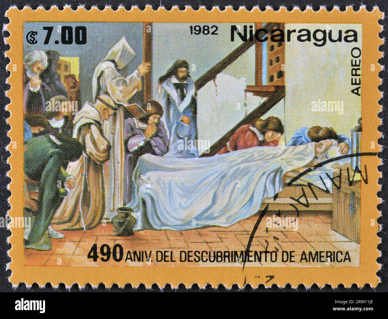 Von Nicaragua gedruckte Stempelmarke, die den Tod von Columbus, Discovery of America, 490 Jahrestag, um 1982 zeigt. Stockfoto