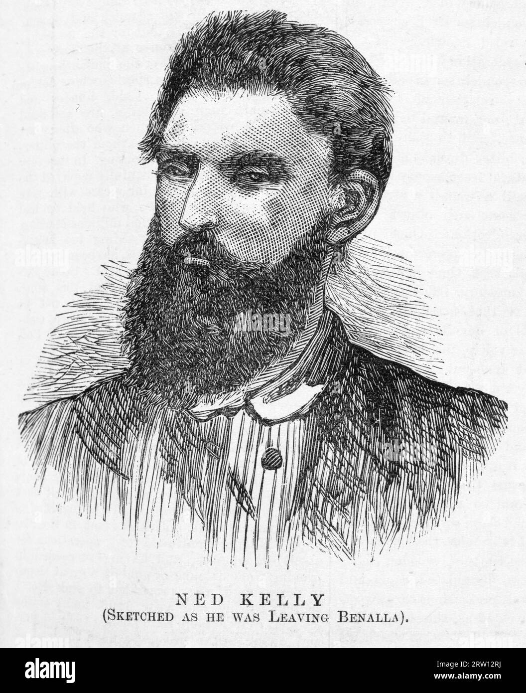 Ned Kelly Edward Kelly (* 1854. Dezember bis 11. November 1880) war ein australischer Bushranger, Gesetzloser, Bandenführer und verurteilter Polizeimörder. Als einer der letzten Bushrangers ist er dafür bekannt, dass er bei seinem letzten Schießerei mit der Polizei einen kugelsicheren Anzug trägt. Stockfoto