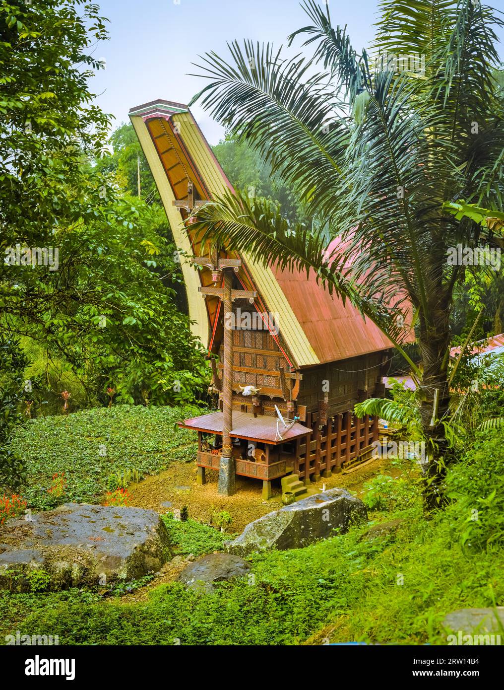 Foto von Tongkonan, angestammtes Haus mit Bootsdach, umgeben von Grün in der Region Toraja, Sulawesi in Indonesien Stockfoto