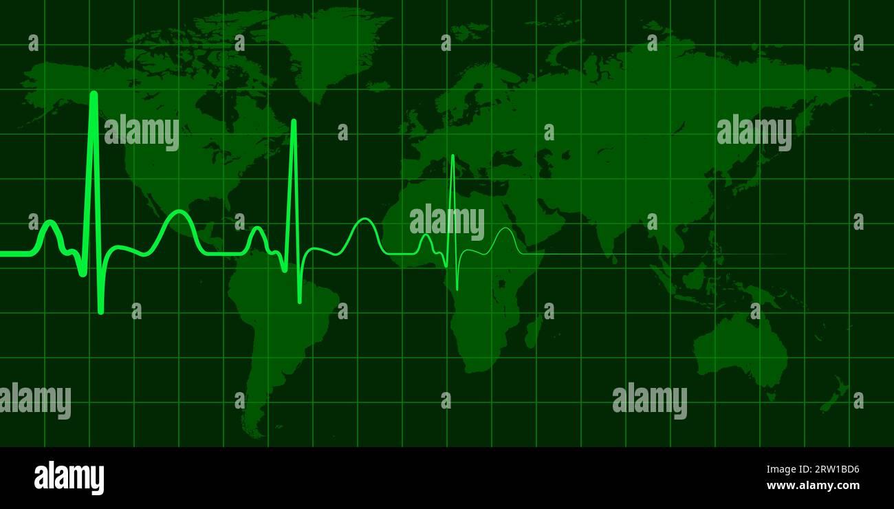 Weltkarte Herz-Puls-Vektor-Konzept globaler Wandel, Krisenkatastrophen Stock Vektor