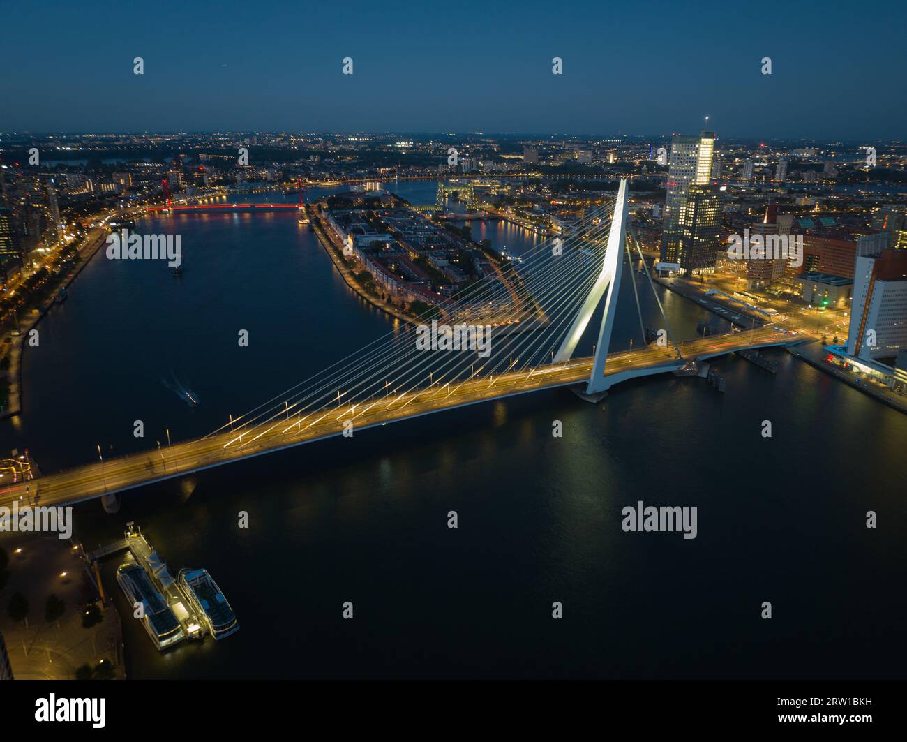 Berühmte Erasmusbridge in Rotterdam, Transport über den Nieuwe Maas Fluss in der Stadt bei Nacht. Stadtbild und Blick auf die Skyline. Stockfoto