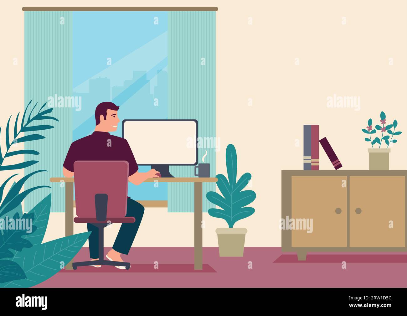 Karikaturillustration eines Mannes, der zu Hause arbeitet. Freiberufler, der zu Hause am Computer arbeitet. Illustration mit flacher Vektordarstellung Stock Vektor