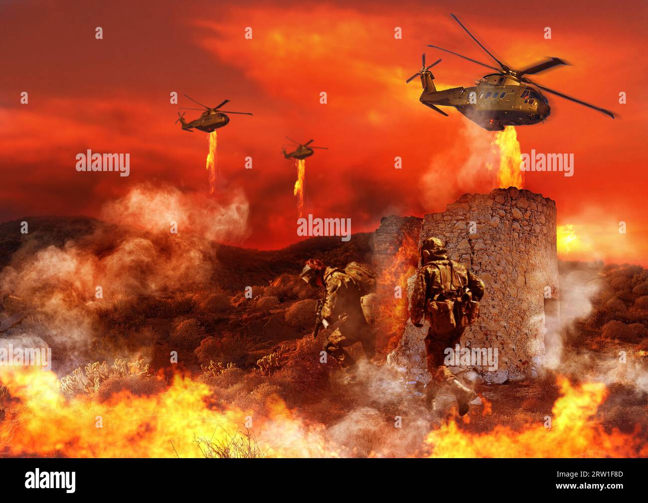 Kämpfen, Militär und Soldat mit Feuer auf dem Schlachtfeld für Dienst, Wehrdienst und Kampf in Tarnung. Mockup, Explosion und Menschen mit Hubschrauber Stockfoto