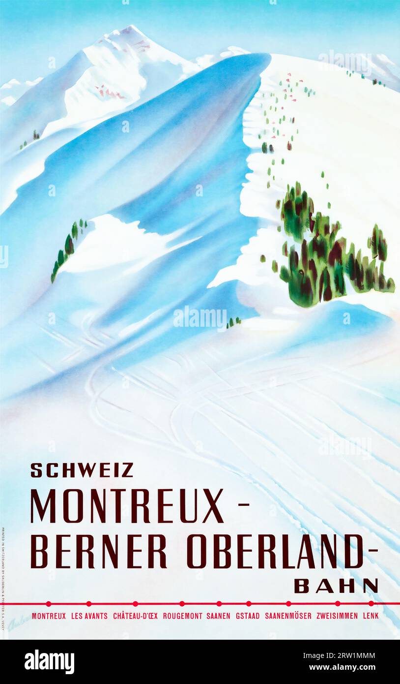Montreux Berner Oberland Bahn Vintage Reiseplakat Stockfoto