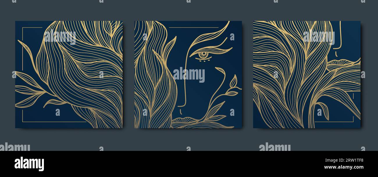 Vektor-Set mit Blumenvorlagen, Schönheitskarten, Hintergründen. Quadratische Banner, Rahmen, Goldmuster im japanischen Stil. Frauengesichtszeichnung. Cosmet Stock Vektor