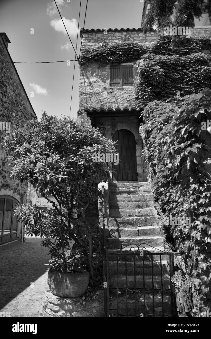 Haus mit Pflanzen bewachsen in einer Altstadt namens Aiguèze Stockfoto