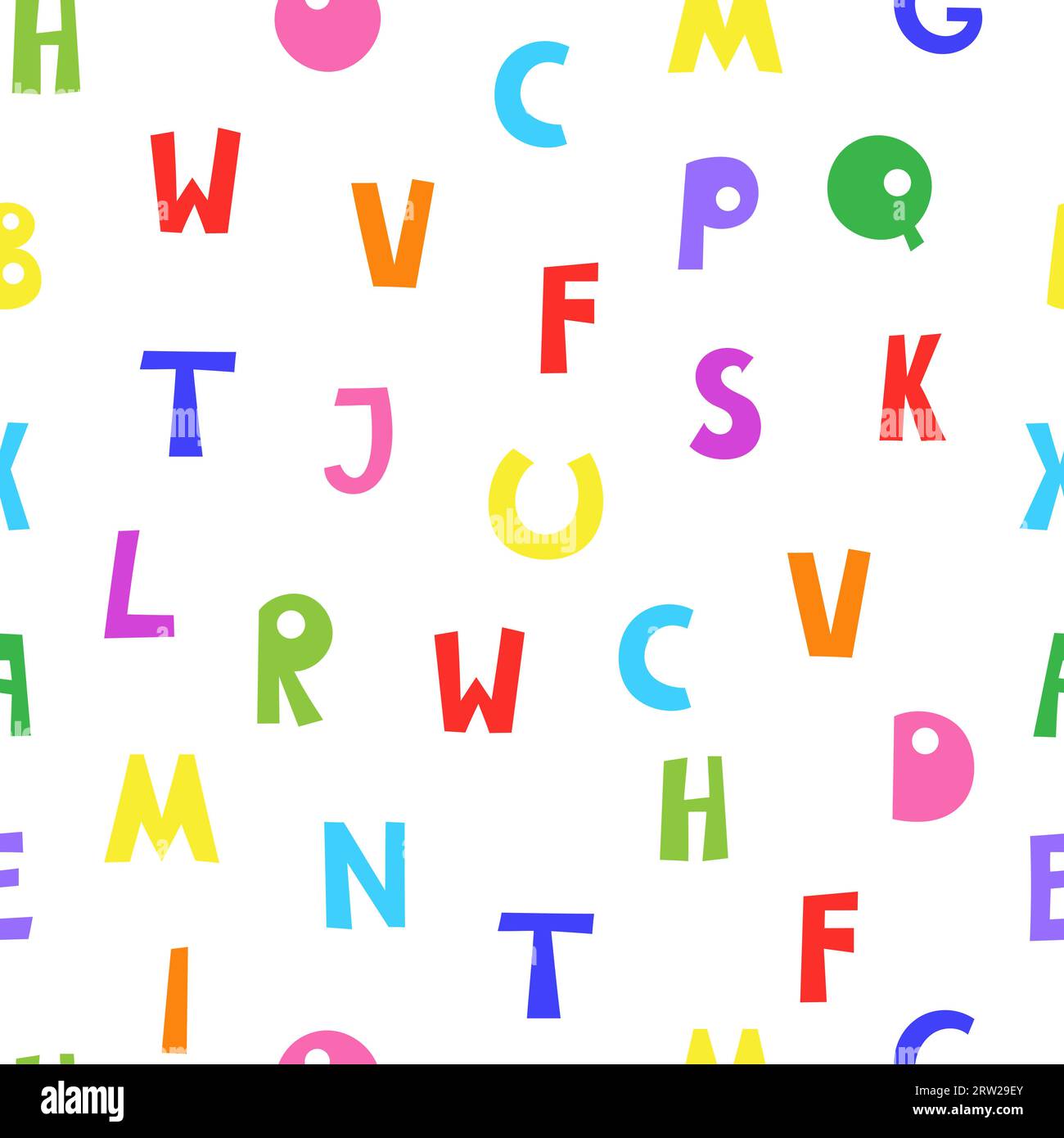 Doodle verspielte englische Großbuchstaben Buchstaben nahtloses Muster, abc bunte Karikatur lustige Stil Vektor-Illustration, bunte handgeschriebene Schriftzeichen, Symbole, süßes trendiges Geschenkpapier Stock Vektor