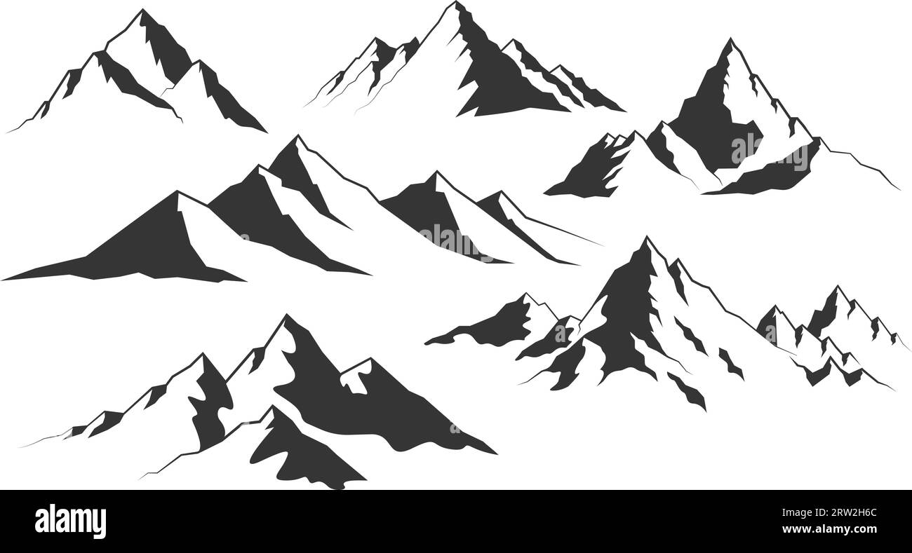 Silhouette in den Bergen. Felsenlandschaft Form. Wandern Berge Gipfel, Hügel und Klippen. Kletterstein Mount abstrakte Kontur Vektor-Set Stock Vektor