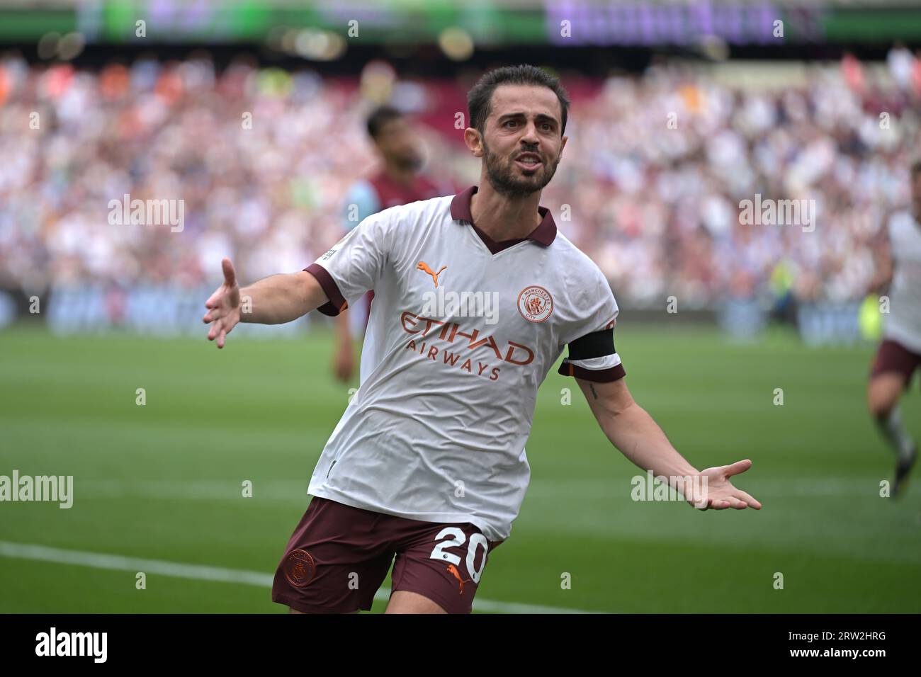 London, Großbritannien. September 2023. TOR Bernardo Silva aus Manchester City erzielt im Spiel West Ham gegen Manchester City im London Stadium Stratford sein zweites Tor. Quelle: MARTIN DALTON/Alamy Live News Stockfoto