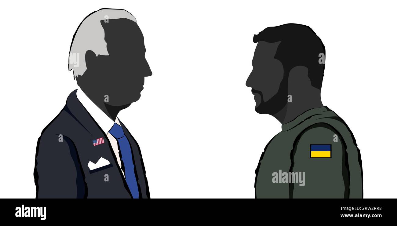 Silhouette des ukrainischen Präsidenten Wladimir Zelensky und des US-Präsidenten Joe Biden, isoliert auf weißem Hintergrund. Stock Vektor