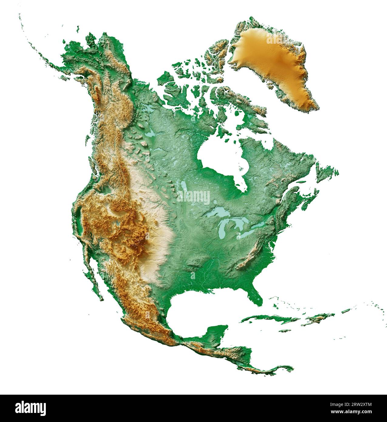 Der Kontinent Nordamerika. Ein detailliertes 3D-Rendering einer schattierten Reliefkarte mit Flüssen und Seen. Farbig nach Höhe. Reiner weißer Hintergrund. Stockfoto