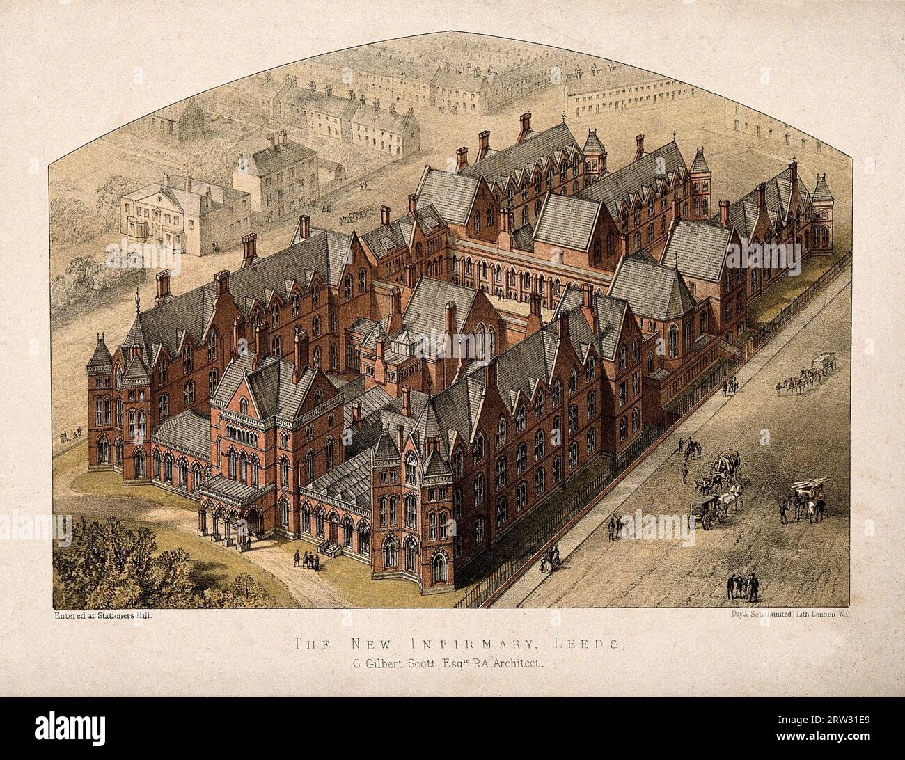 New Infirmary, Leeds, Yorkshire: Aus der Vogelperspektive. Farbige Lithographie nach George Gilbert Scott, 1864 Stockfoto