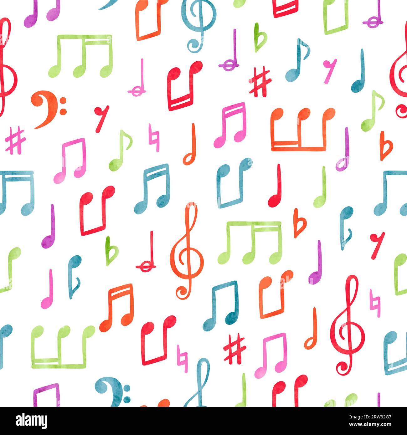 Nahtloses, farbenfrohes Notenmuster. Musikalischer Aquarellhintergrund. Stock Vektor
