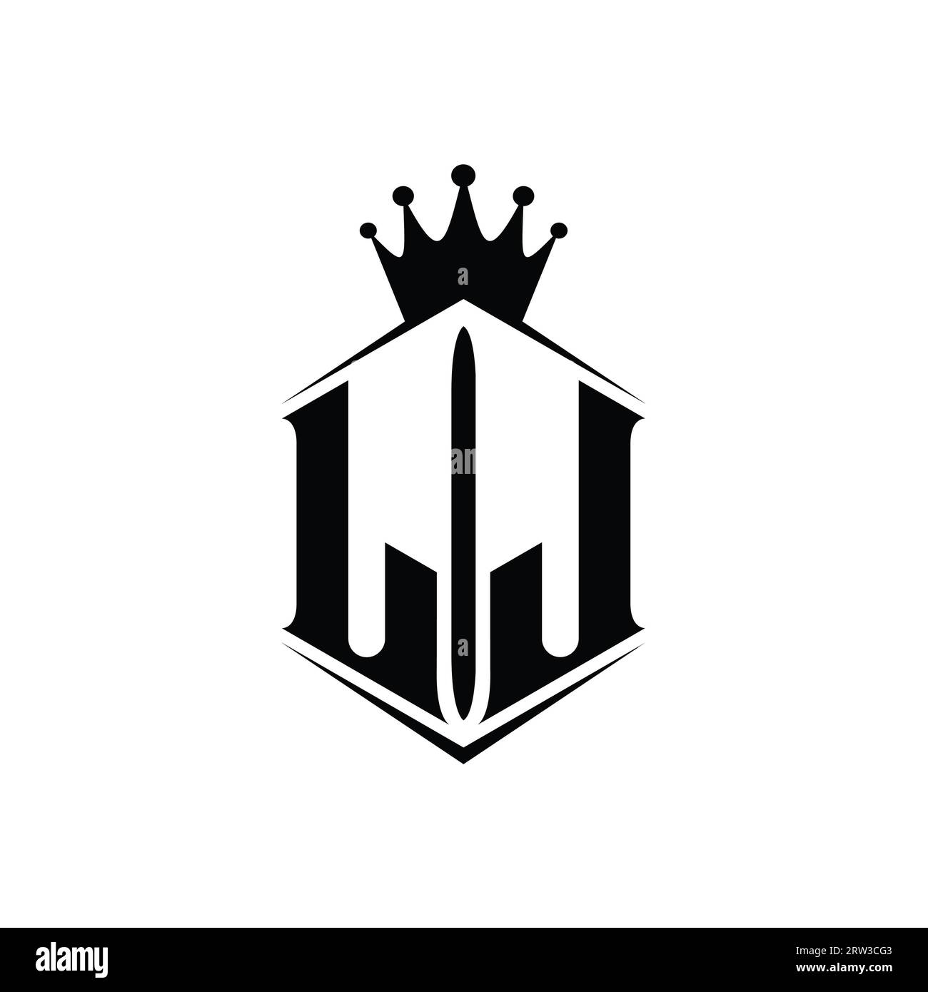 LJ Letter Logo Monogramm sechseckige Schildform Krone mit scharfer Design-Vorlage Stockfoto