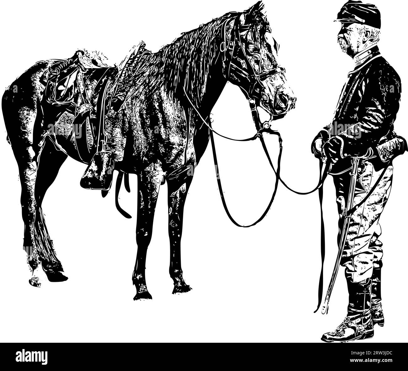 Realistische Detailskizze eines Soldaten und Pferdes der 1800er Jahre im historischen Kleid Stock Vektor