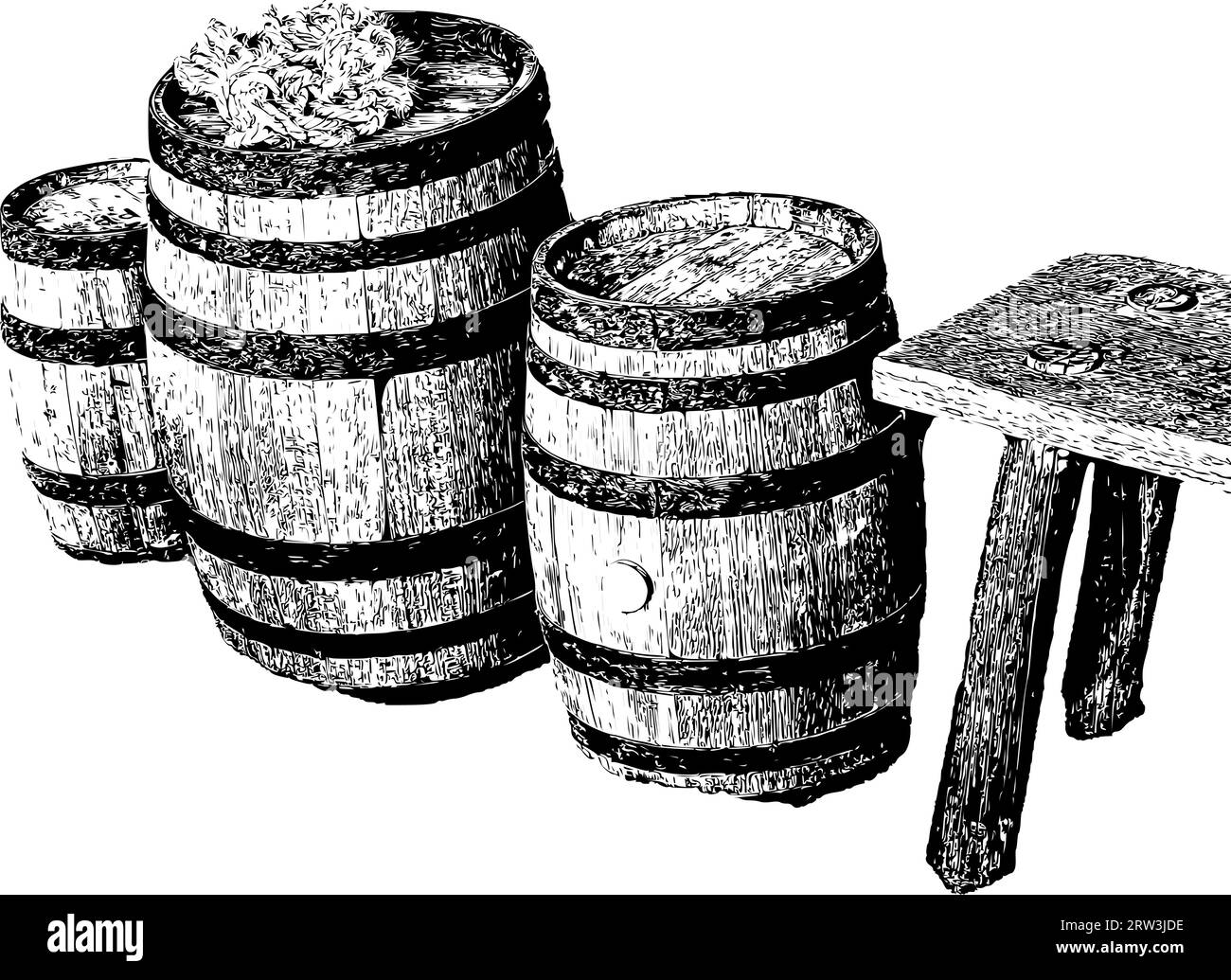 Realistische detaillierte Skizze von Fässern im Stil der 1800er Jahre für den Handel Stock Vektor