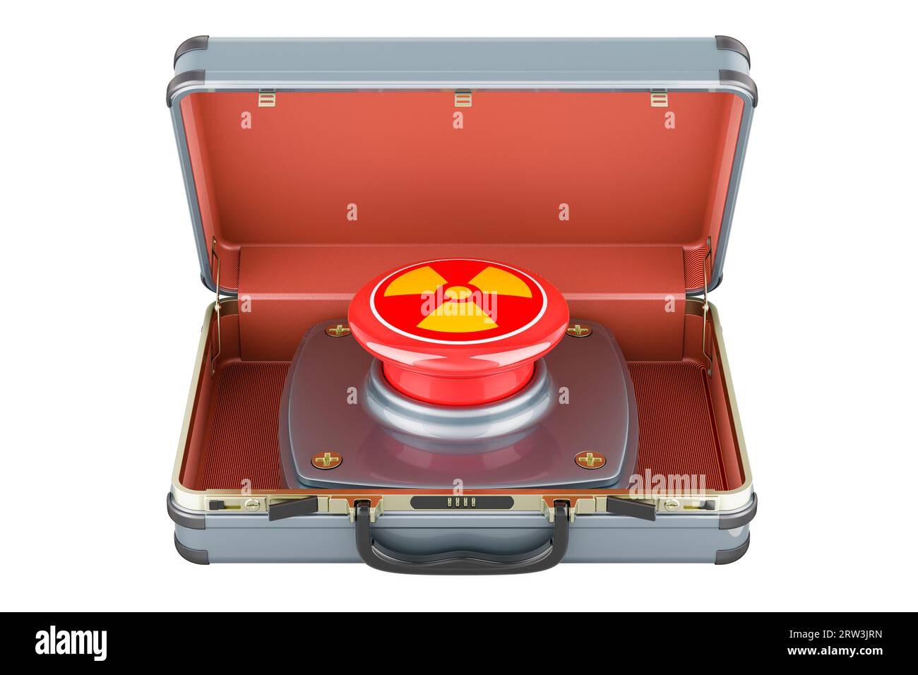 Nukleare Aktentasche. Nukleare rote Taste im Aktenkoffer, 3D-Rendering isoliert auf weißem Hintergrund Stockfoto