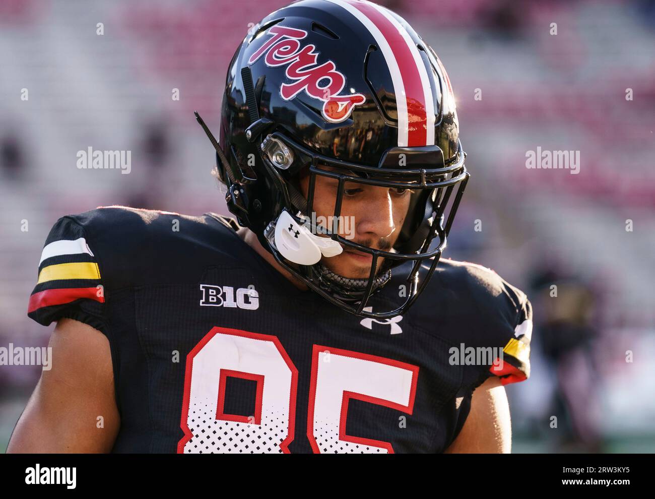 COLLEGE PARK, MARYLAND, USA - 15. SEPTEMBER: Maryland Terrapins Tight End Preston Howard (85) vor einem College-Fußballspiel zwischen den Maryland Terrapins und den Virginia Cavaliers am 15. September 2023 im SECU Stadium im College Park, Maryland. (Foto: Tony Quinn-Alamy Live News) Stockfoto