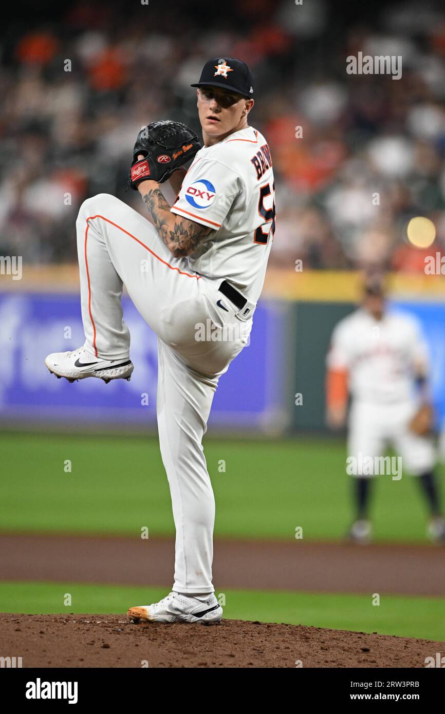 Houston Astros startete Pitcher Hunter Brown (58) in der Spitze des zweiten Inning des MLB-Spiels zwischen den Oakland Athletics und den Houston Astros Stockfoto