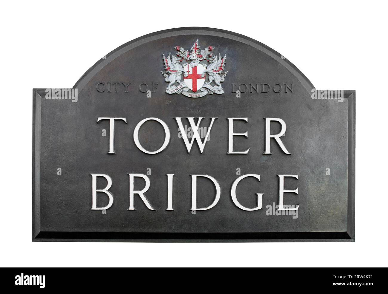 Schild an der Tower Bridge, London, England. Isoliert auf weiß Stockfoto
