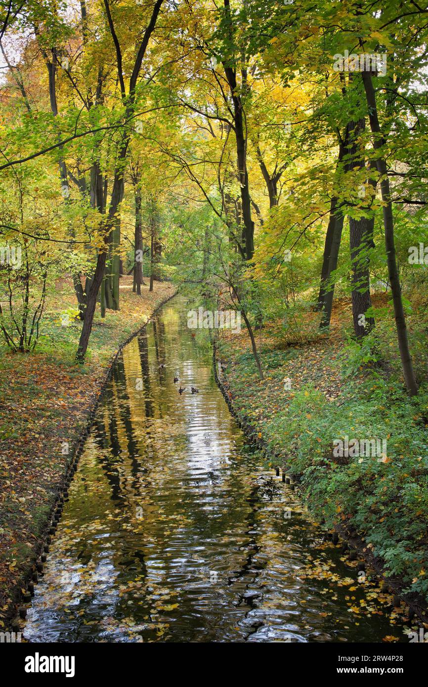 Kanal im Königlichen Lazienki-Park (Polnisch: Lazienki Krolewskie) (Park Lazienkowski), Stadt Warschau, Polen Stockfoto