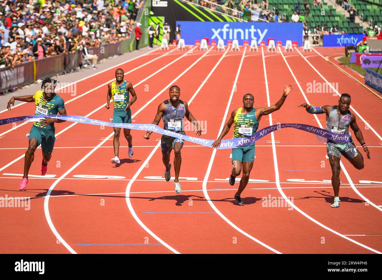 Christian Coleman (USA) gewinnt am Samstag, den 16. September 2023, in Eugene, Ore. (Thomas Fernandez/Image of Sport) den 100-m-Sieg der Herren bei der Diamond League Championship beim Pre-Classic. Stockfoto