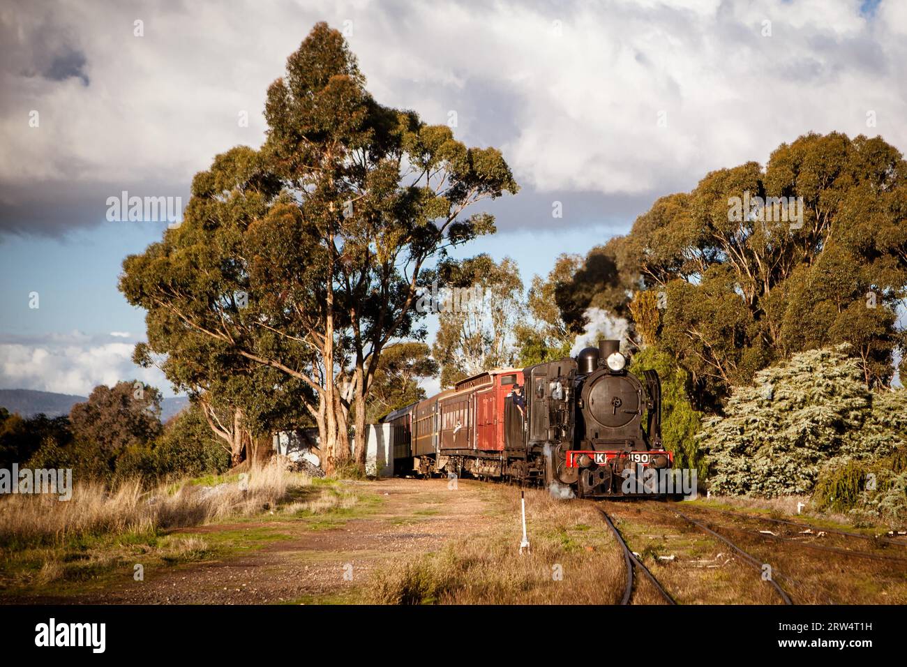 Eine Dampfmaschine aus viktorianischen Goldfields Railway in Maldon, Victoria, Australien am 11. Mai 2014 Stockfoto