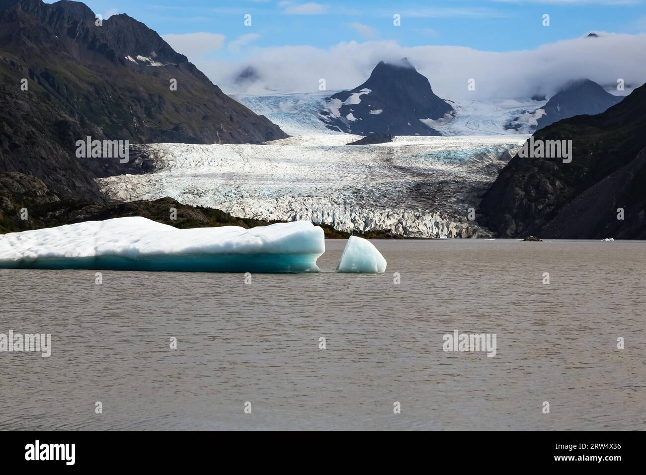 Blick auf Grewingk Gletscher und See, Kenai Halbinsel, Alaska Stockfoto