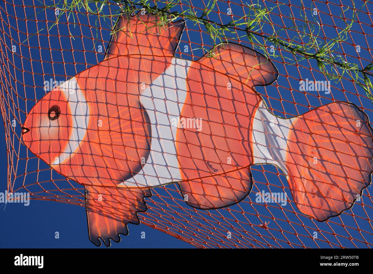 Orange-weißer Fisch im Netz als Dekoration beim Saarspektakel 2013 in Saarbrücken, Hintergrund blauer Himmel Stockfoto