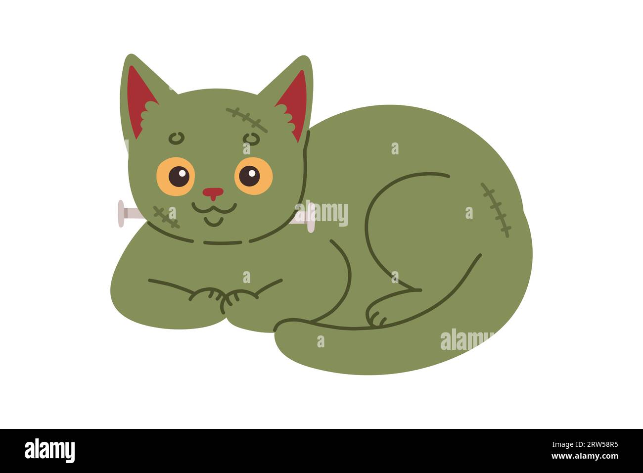 Halloween-Katze. Grünes Kätzchen im frankensteinkostüm. Happy halloween Kostüm Illustration. Stock Vektor